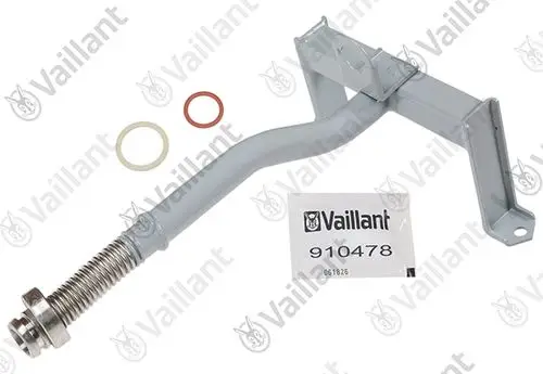 Vaillant Bauteil in grauer Farbe, bestehend aus einer gebogenen Halterung und Schraube, begleitet von zwei Dichtungsringen in verschiedenen Farben.